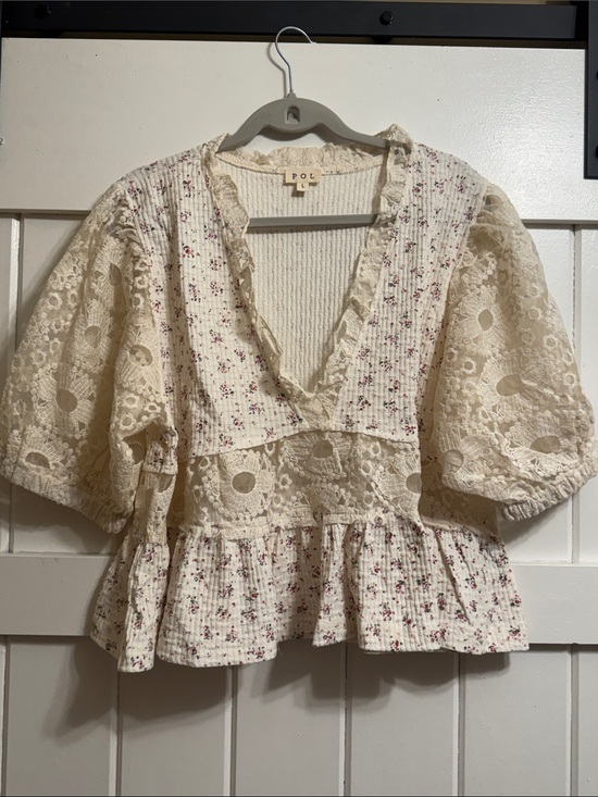 POL Tops - POL Cream Blouse with Dusty Rose Floral Detail
